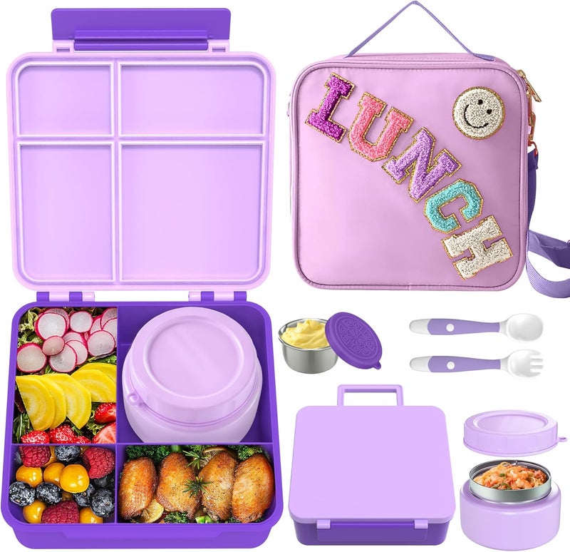 Aimsnk Kids Bento Lunch Box with 8oz Soup Thermo, Kids Leakproof Lunch Food Containers with 4 Compartment,Insulated Hot Food Jar with Lunch Bag for School, Travel (Purple) - Image 1